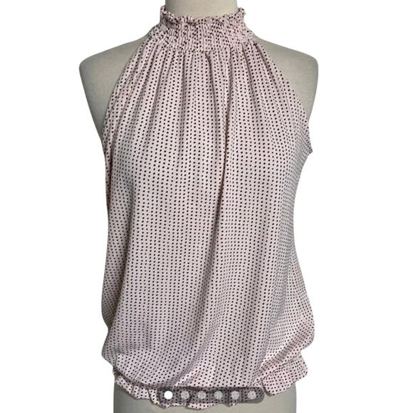 Adrianna Papell Blush Pink Polka Dot Smocked Hem Halter Blouse Size Medium New - Picture 1 of 8